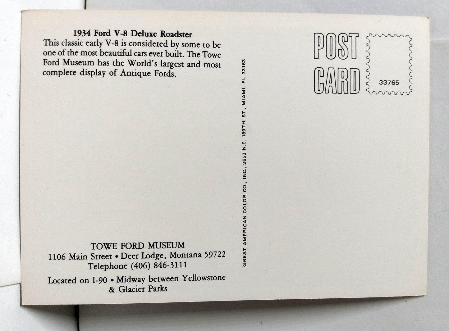 1934 Ford V-8 Deluxe Roadster Automobile Towe Ford Museum Postcard - TulipStuff
