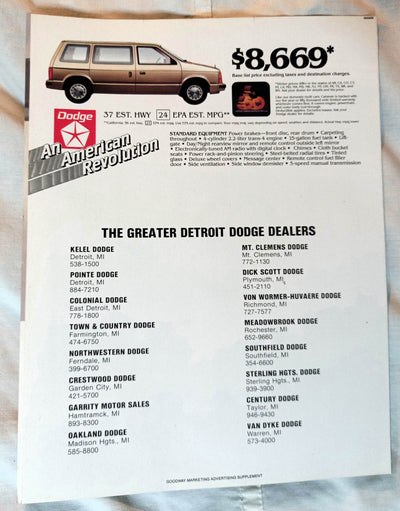 1984 Dodge Caravan Detroit Area Dealers Sales Brochure - TulipStuff