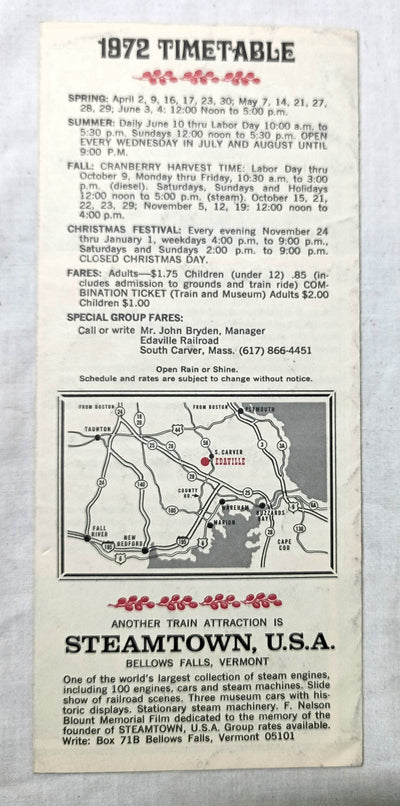 Edaville Railroad 1972 Timetable Brochure Narrow Gauge Steam Powered RR - TulipStuff