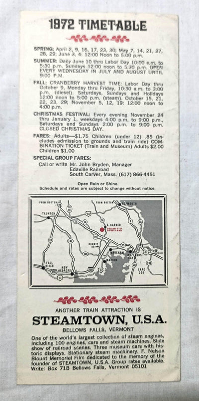 Edaville Railroad 1972 Timetable Brochure Narrow Gauge Steam Powered RR - TulipStuff