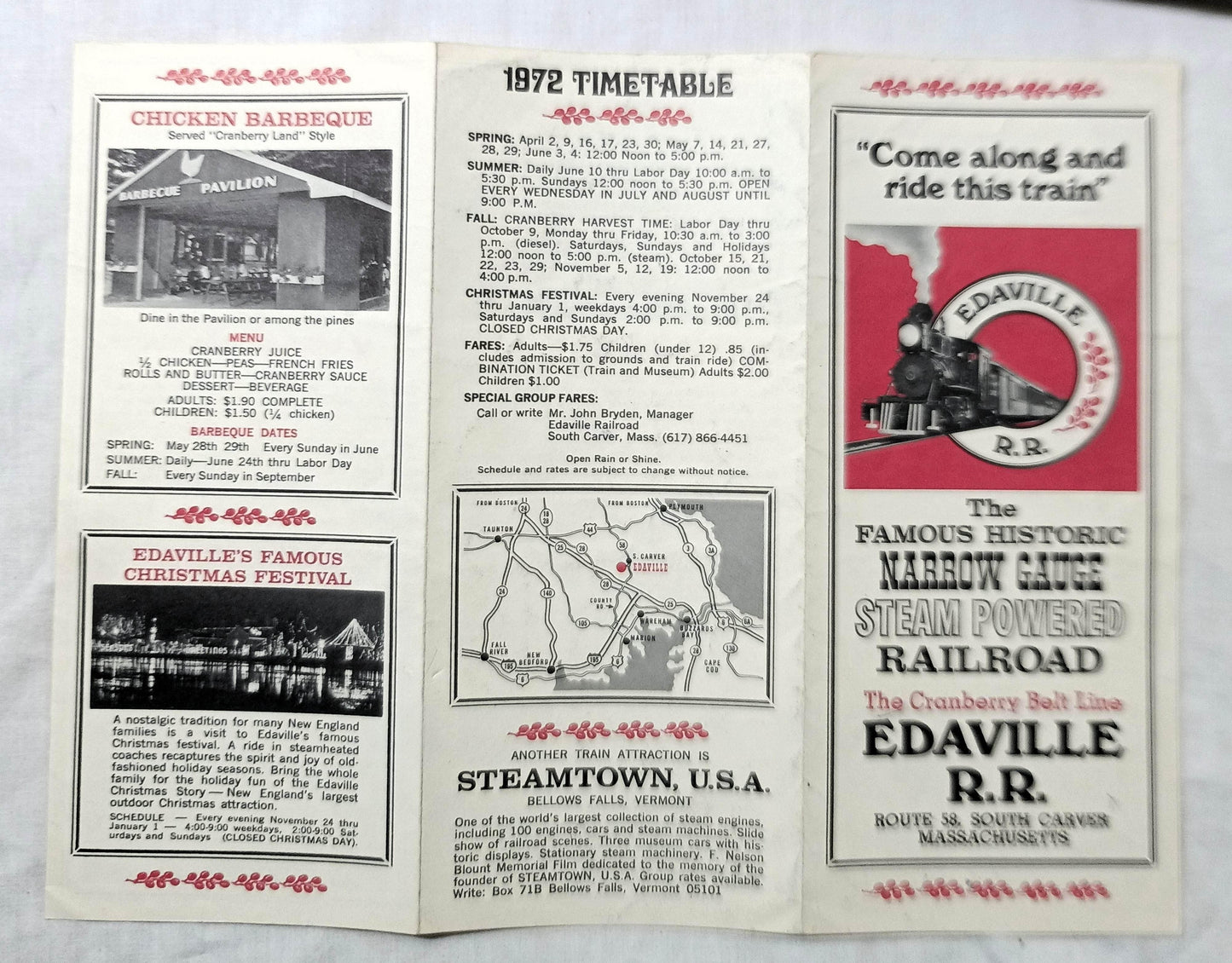 Edaville Railroad 1972 Timetable Brochure Narrow Gauge Steam Powered RR - TulipStuff