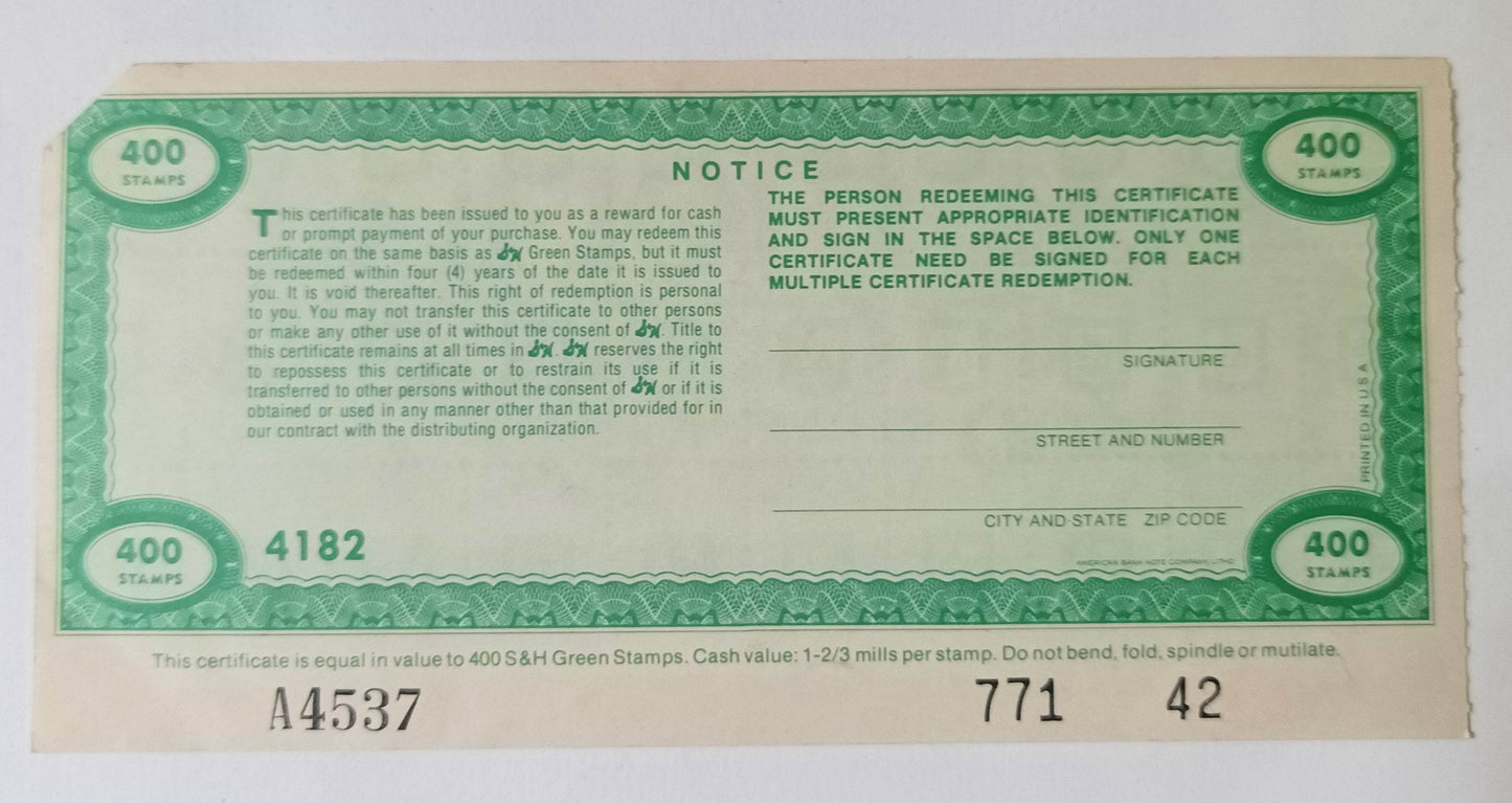 Air Florida 400 S&H Green Stamps Gift Certificate Promo 1982 - TulipStuff