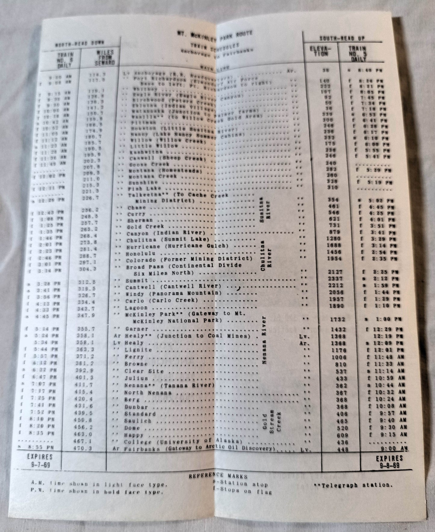 Alaska Railroad Mt McKinley Park Route Passenger Train Schedule 1969 - TulipStuff