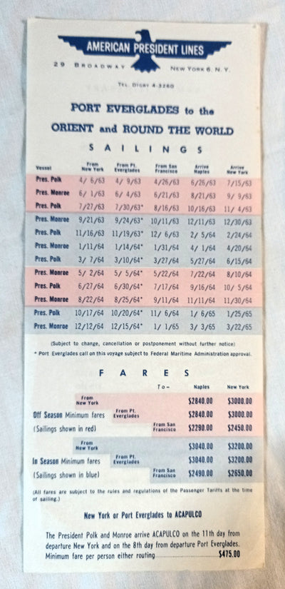 American President Lines Cargoliner Schedules Fares Brochures 1963-65 - TulipStuff