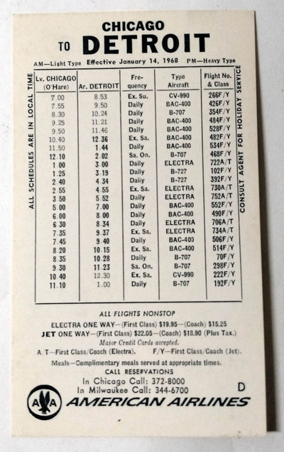American Airlines 1968 Chicago Detroit Flight Schedule Card - TulipStuff