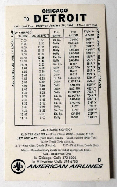 American Airlines 1968 Chicago Detroit Flight Schedule Card - TulipStuff