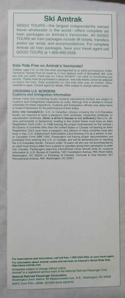 Amtrak Vermont Services Vermonter Fall/Winter 1995/96 Schedule - TulipStuff