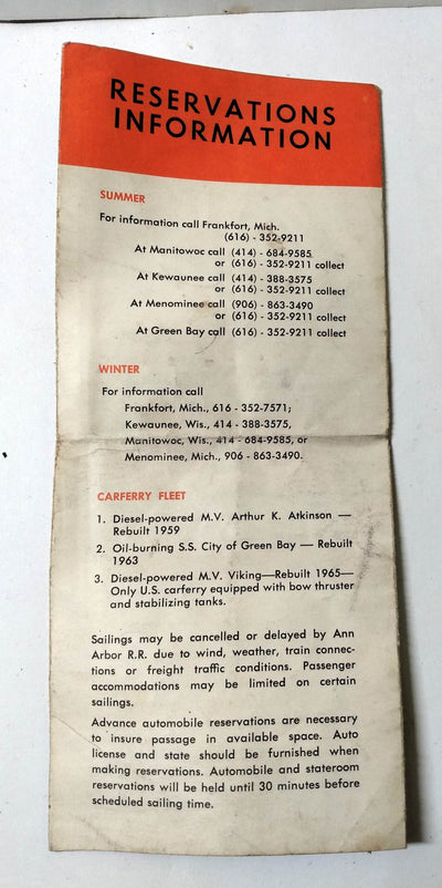 Ann Arbor Railroad Carferry Schedule Summer 1969 Manitowac Frankfort - TulipStuff