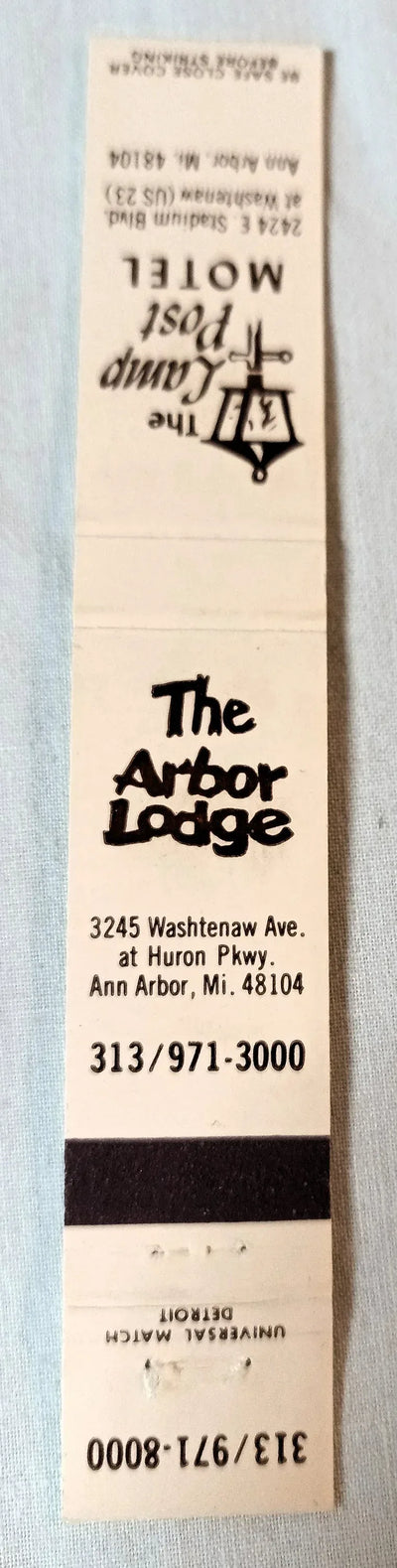The Arbor Lodge Motel Lamp Post Motel Ann Arbor Matchbook Cover 1970's - TulipStuff
