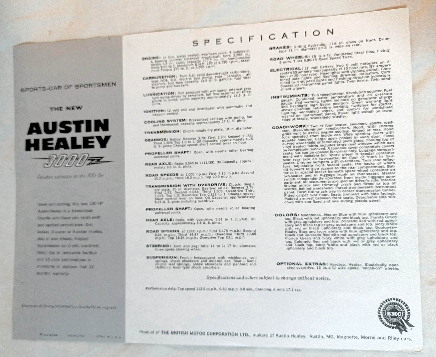 Austin Healey 3000 Convertible Dealer Sales Specification Sheet 1960 - TulipStuff