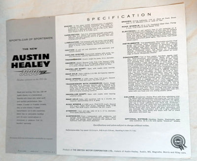Austin Healey 3000 Convertible Dealer Sales Specification Sheet 1960 - TulipStuff
