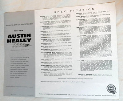 Austin Healey 3000 Convertible Dealer Sales Specification Sheet 1960 - TulipStuff