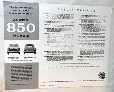 Austin 850 Morris 850 Dealer Sales Specification Sheet 1960 - TulipStuff