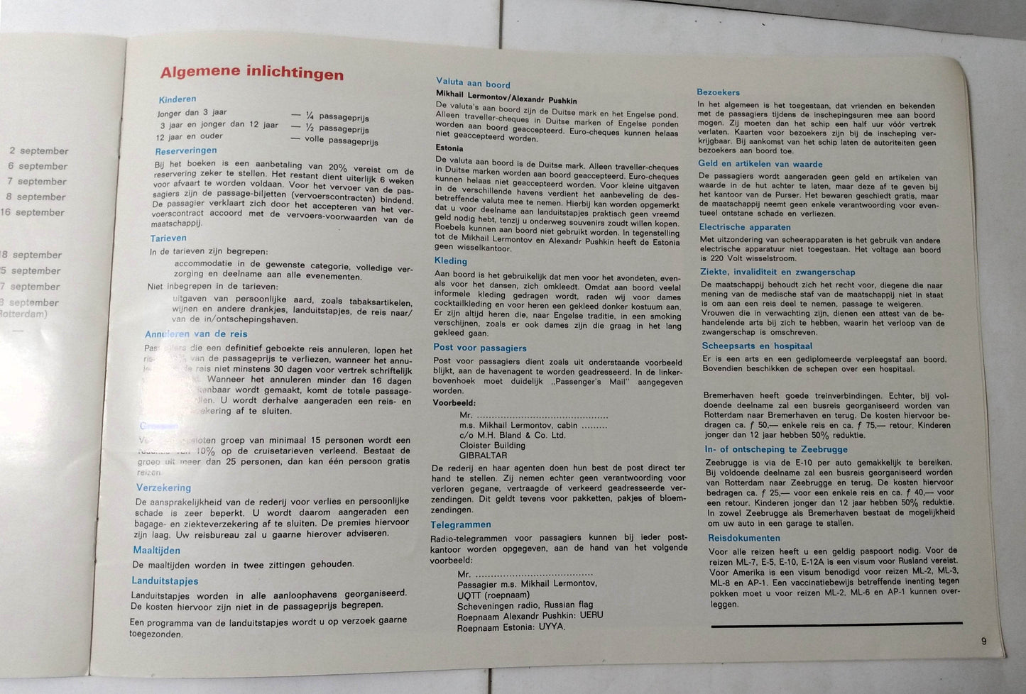 Baltic Shipping Mikhail Lermontov Alexandr Pushkin Estonia 1975 Dutch Brochure - TulipStuff