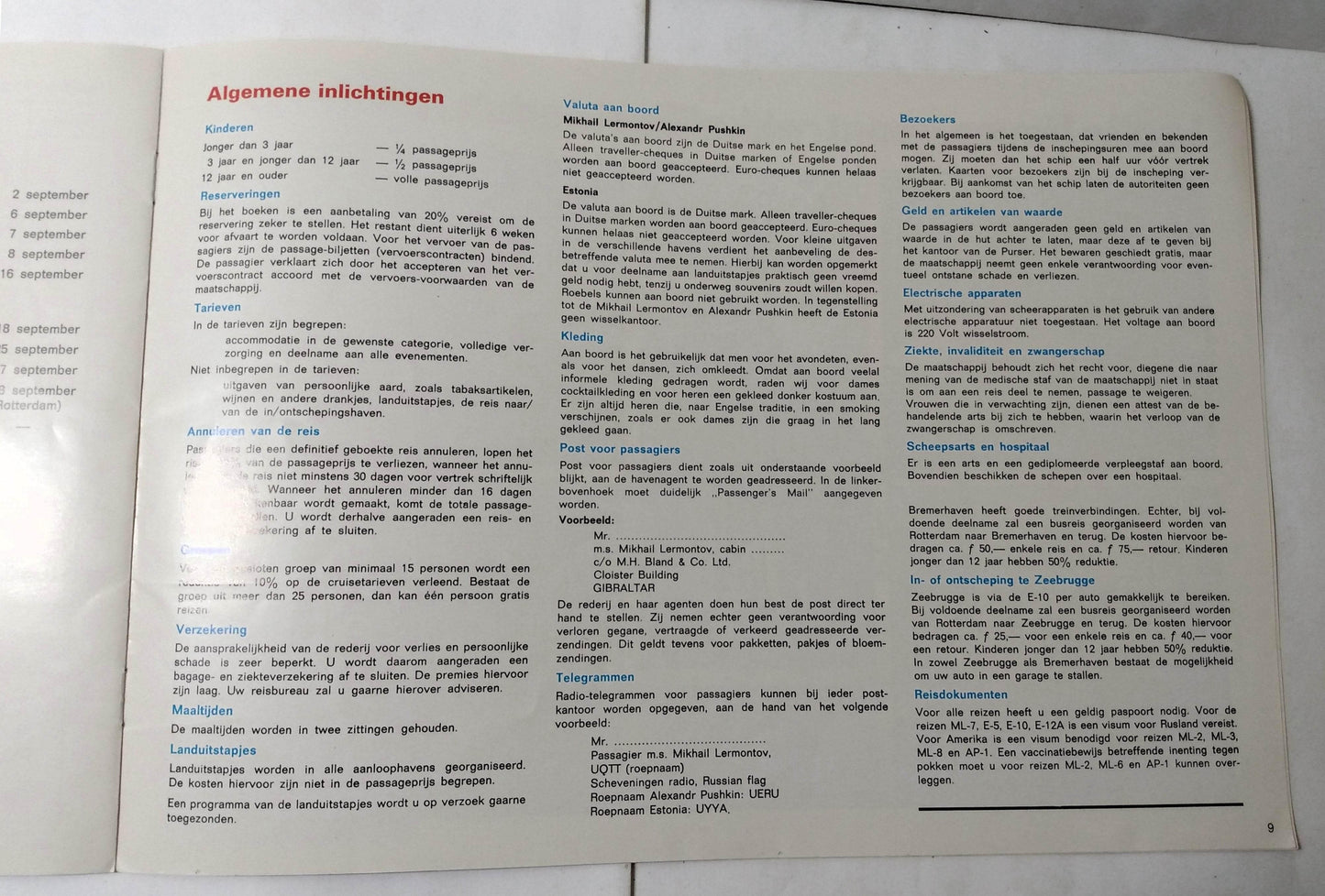 Baltic Shipping Mikhail Lermontov Alexandr Pushkin Estonia 1975 Dutch Brochure - TulipStuff