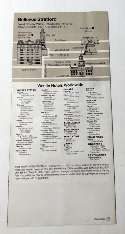 Bellevue Stratford Hotel Philadelphia Broad Walnut 1983 Brochure Westin - TulipStuff
