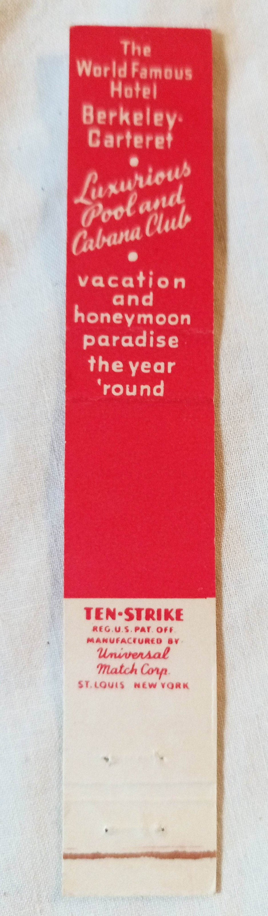 Hotel Berkeley-Carteret Asbury Park NJ Matchbook Cover 1950's - TulipStuff