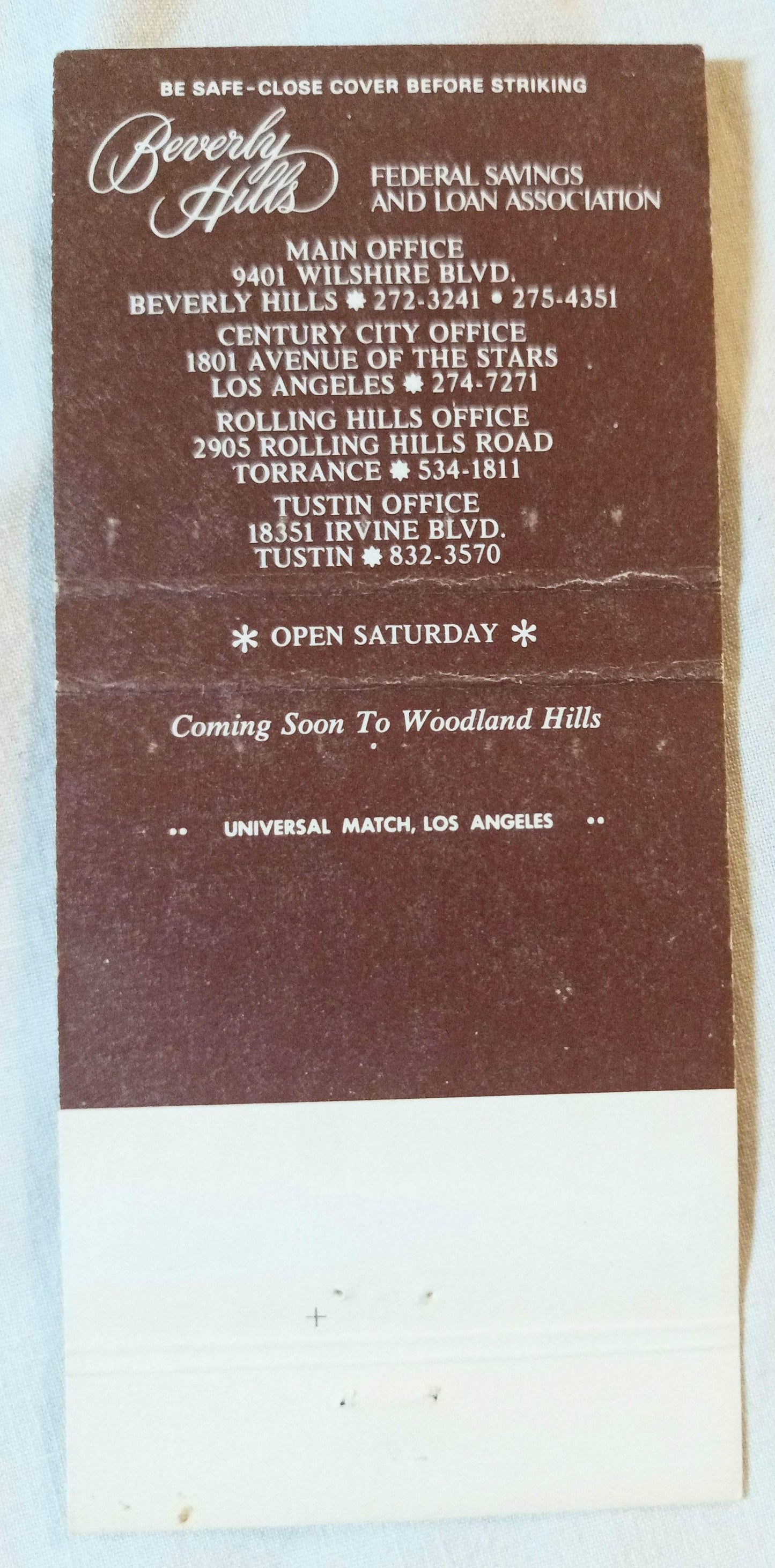 Beverly Hills Federal Savings Matchbook Cover 1970's - TulipStuff