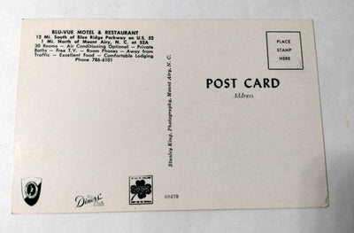 Blu-Vue Motel & Restaurant Blue Ridge Pwky Mt Airy NC 1960's Postcard - TulipStuff