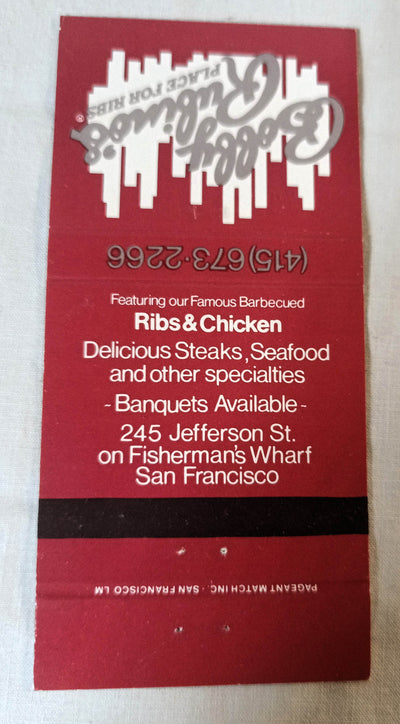 Bobby Rubino's Place For Ribs San Francisco CA Matchbook Cover 1980's - TulipStuff