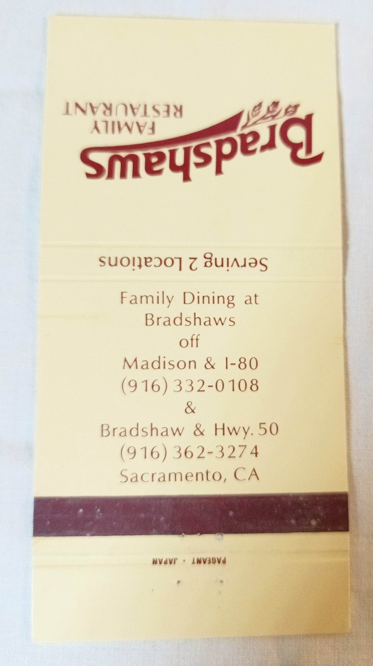 Bradshaw's Family Restaurant Sacramento CA Matchbook Cover 1980's - TulipStuff