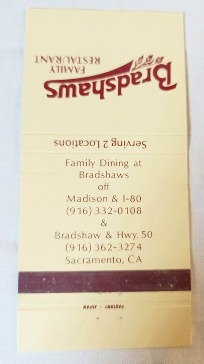Bradshaw's Family Restaurant Sacramento CA Matchbook Cover 1980's - TulipStuff