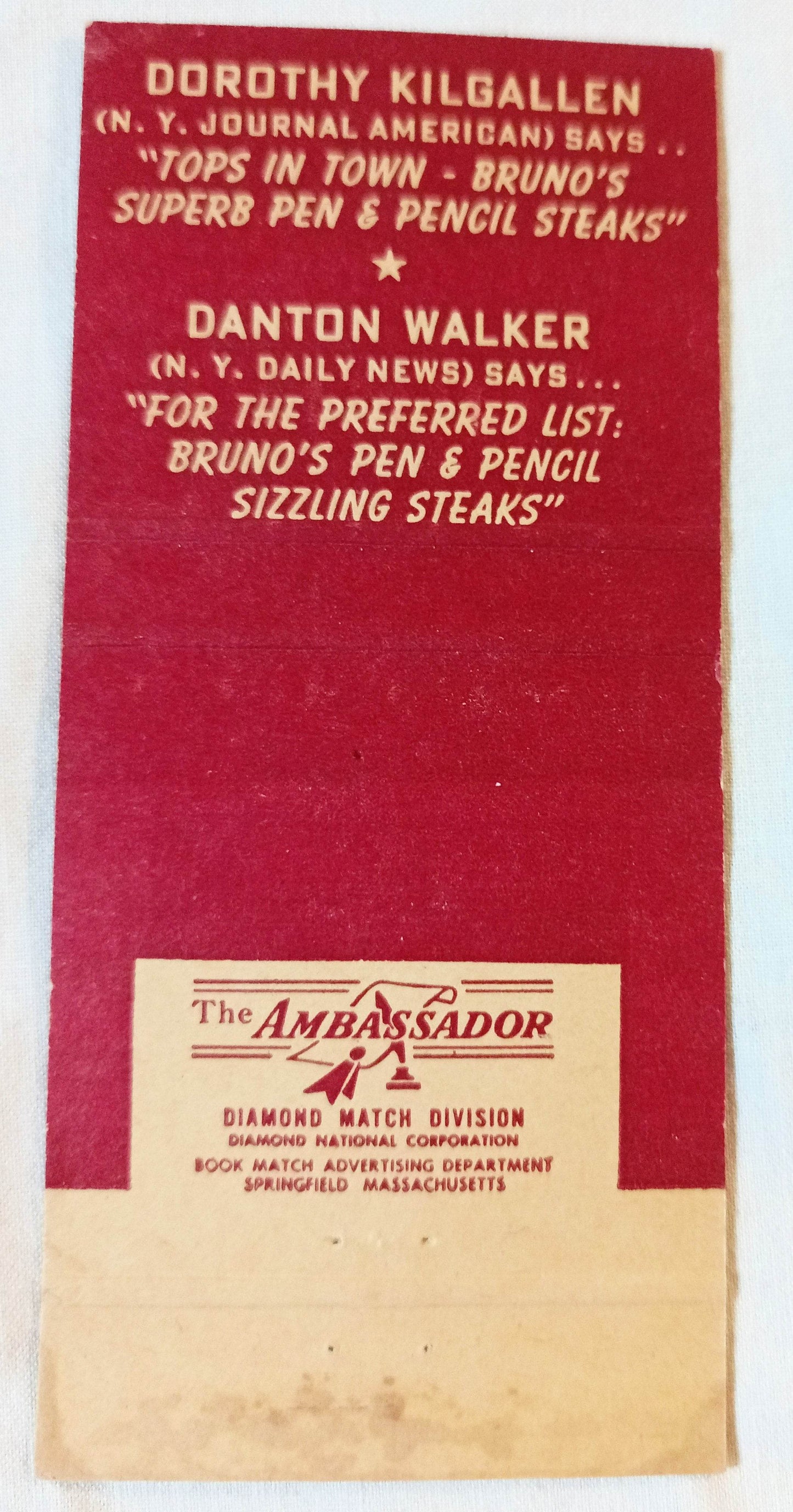Bruno's Pen And Pencil Restaurant Steak Row NYC Matchbook Cover 1950's - TulipStuff