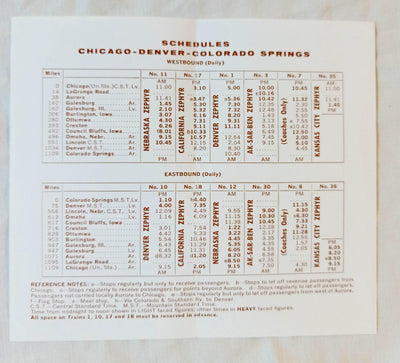 Burlington Route 1964 Memo Timetable Chicago Denver Colorado Springs - TulipStuff