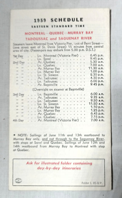 Canada Steamship Lines 1959 Time Tables Montreal Quebec Saguenay TulipStuff