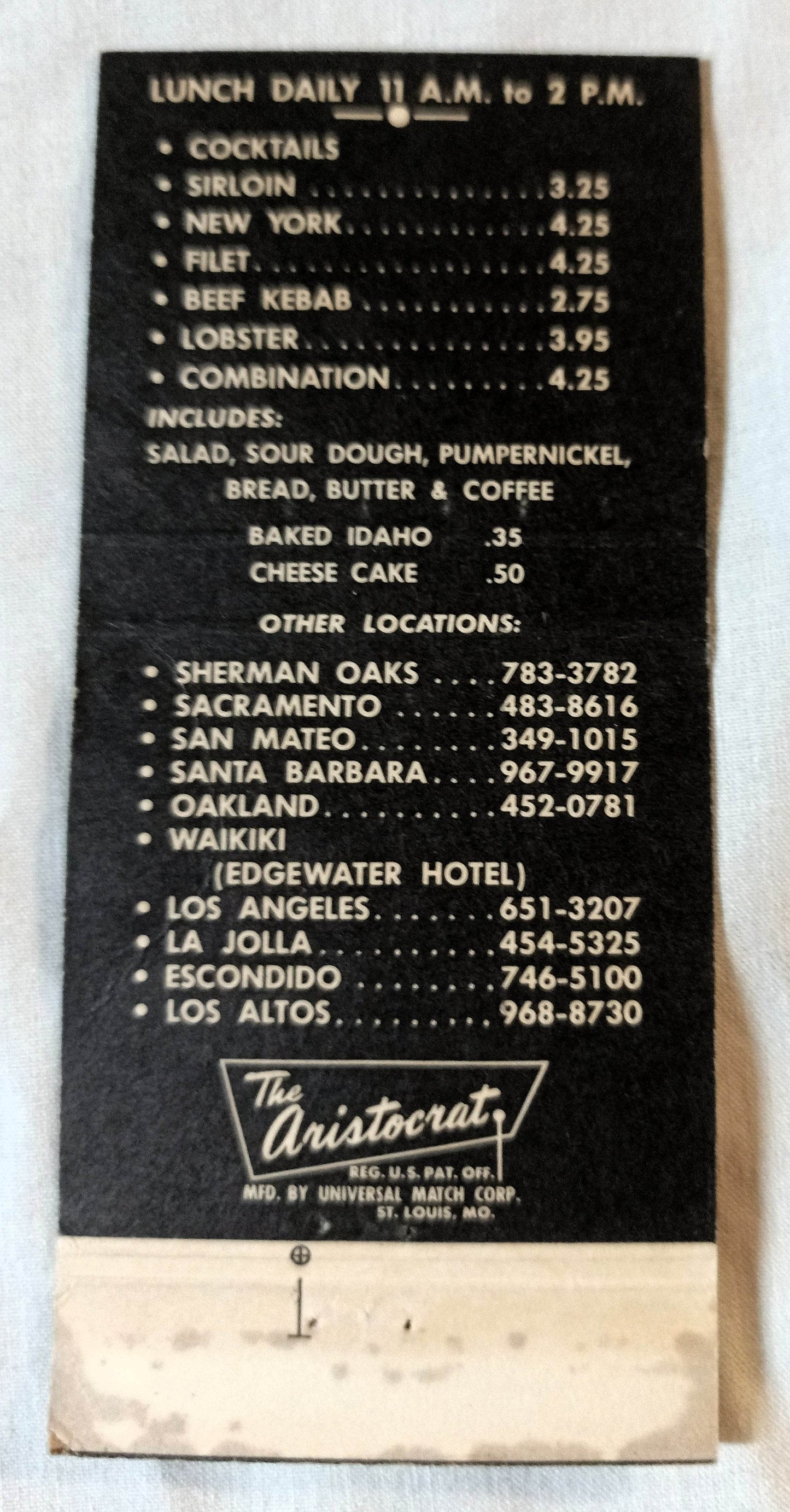 Chuck's Steak House Los Angeles Sherman Oaks Matchbook Cover 1960's - TulipStuff