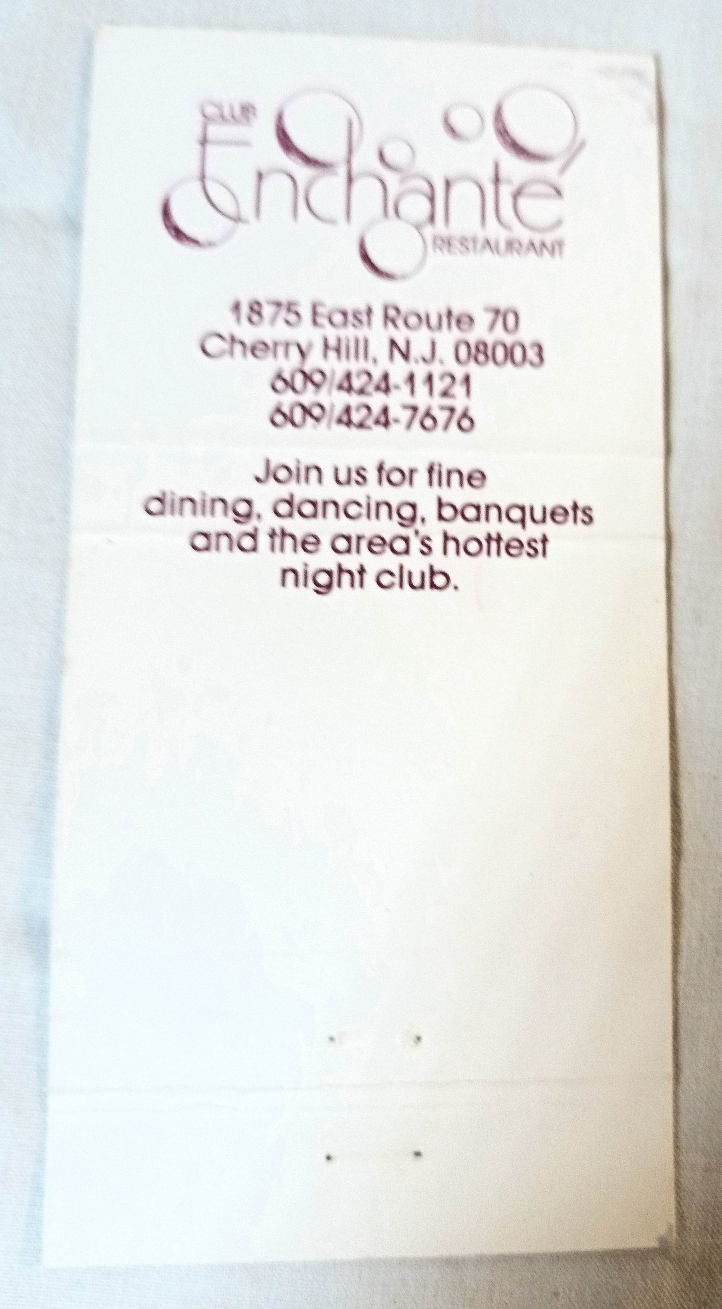 Club Enchante Restaurant Night Club Cherry Hill Matchbook Cover 1980's - TulipStuff