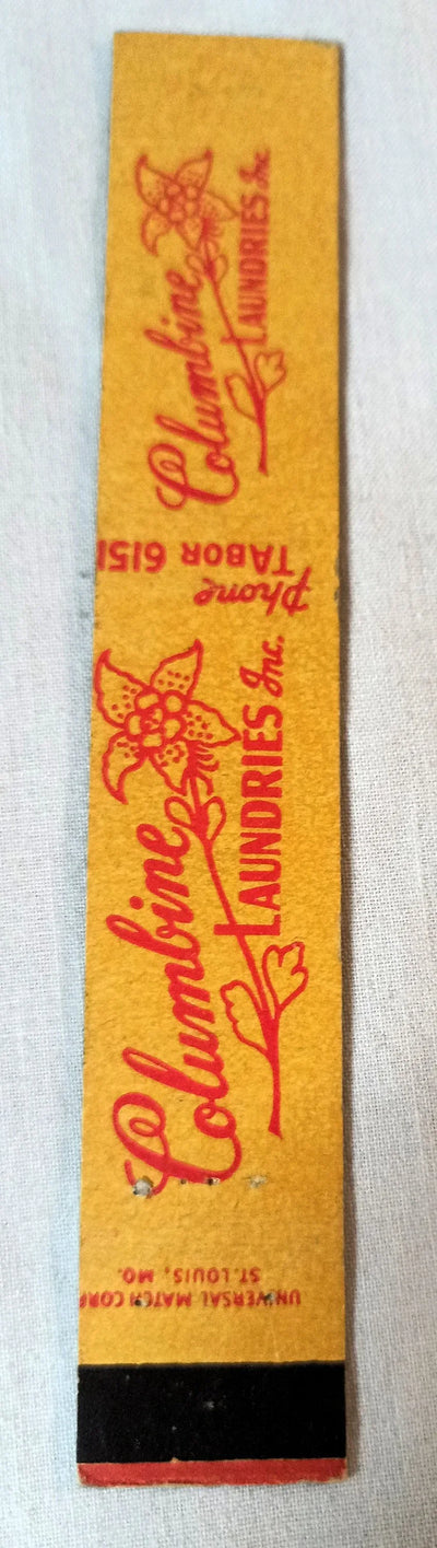 Columbine Laundries Denver Colorado 20th Park Matchbook Cover 1950s - TulipStuff