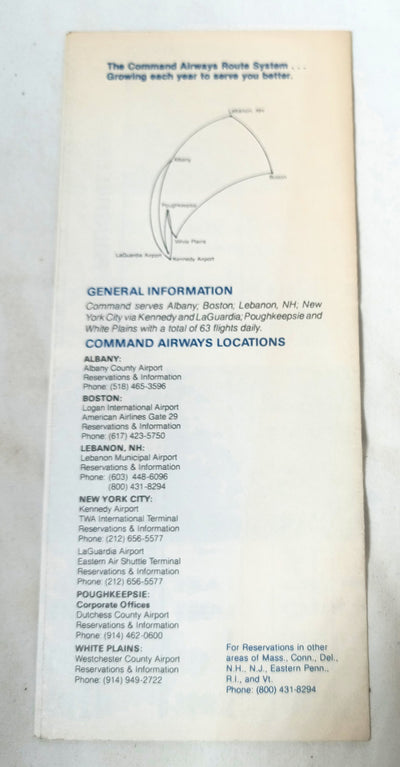Command Airways System Flight Schedule NYC Boston Albany 1982 - TulipStuff