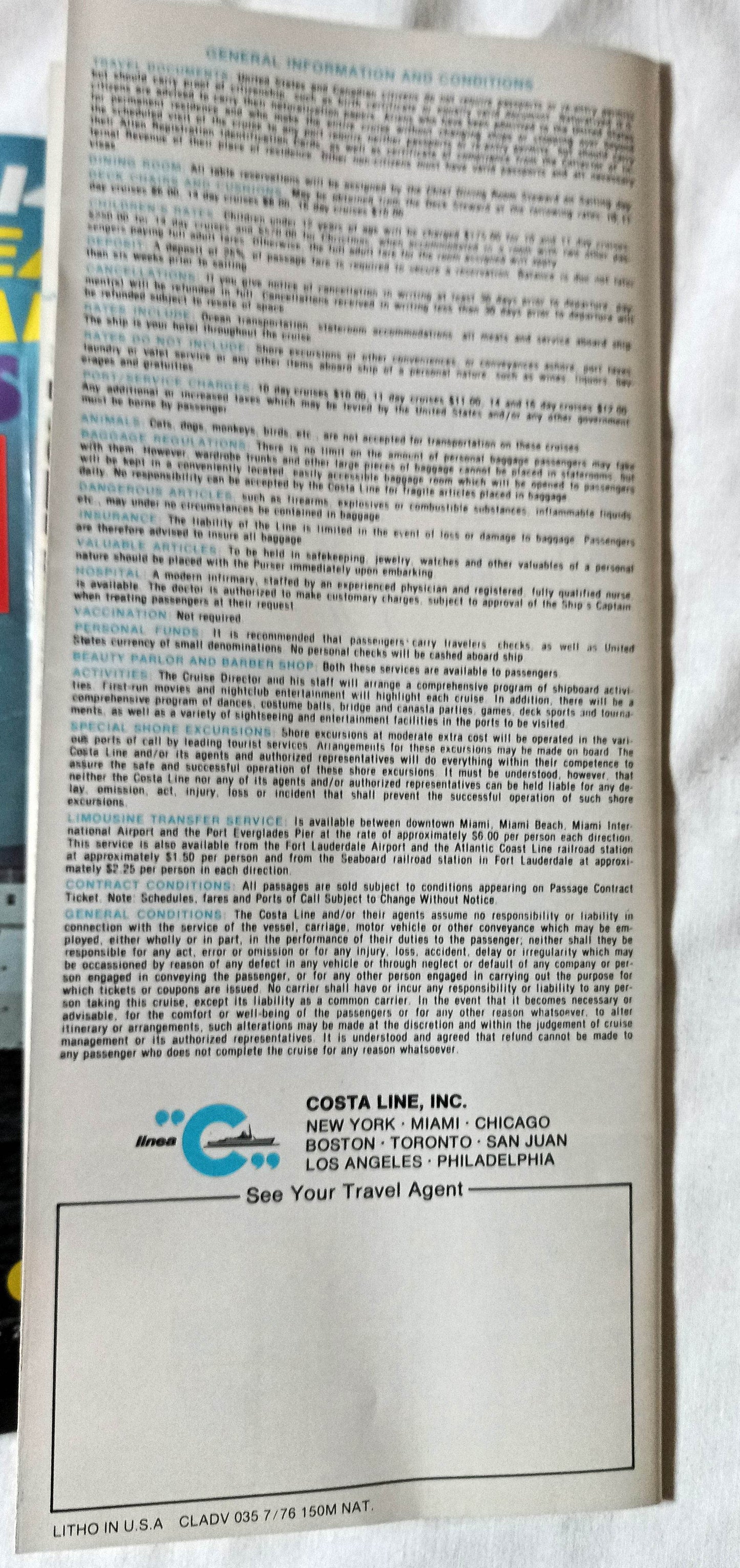 Costa Line ms Italia 1976-77 Caribbean South America Cruise Brochure - TulipStuff