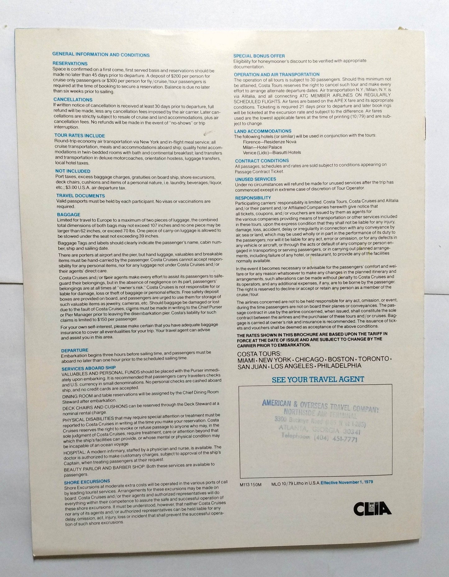 Costa Andrea C - Danae - Enrico C - Federico C 1980 Fly Cruise Brochure - TulipStuff