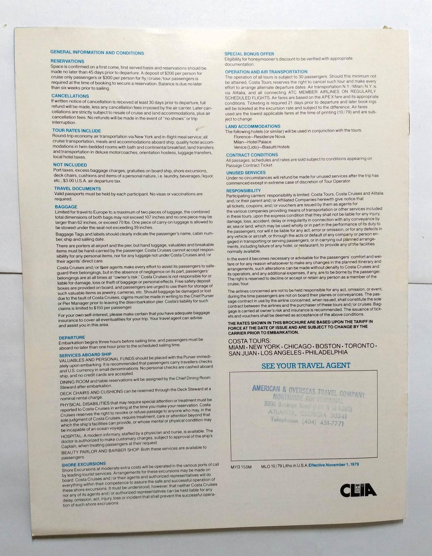 Costa Andrea C - Danae - Enrico C - Federico C 1980 Fly Cruise Brochure - TulipStuff