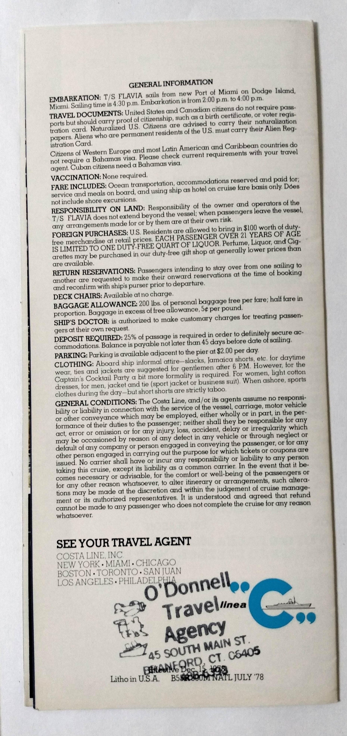 Costa Line ss Flavia 1978-79 Nassau Bahamas Cruise Ship Brochure - TulipStuff