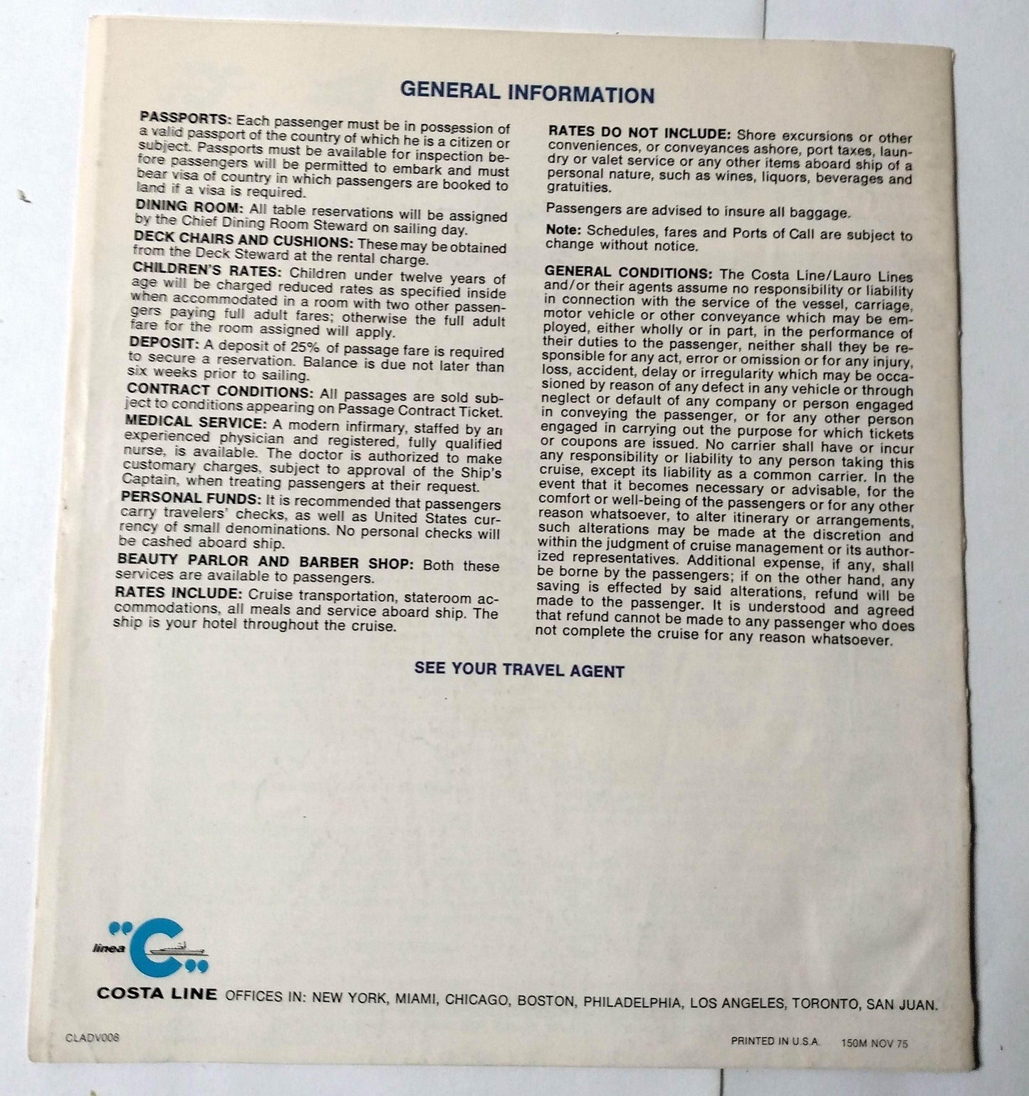 Costa Andrea C - Achille Lauro - Enrico C - Angelina Lauro 1976 Cruise Brochure - TulipStuff