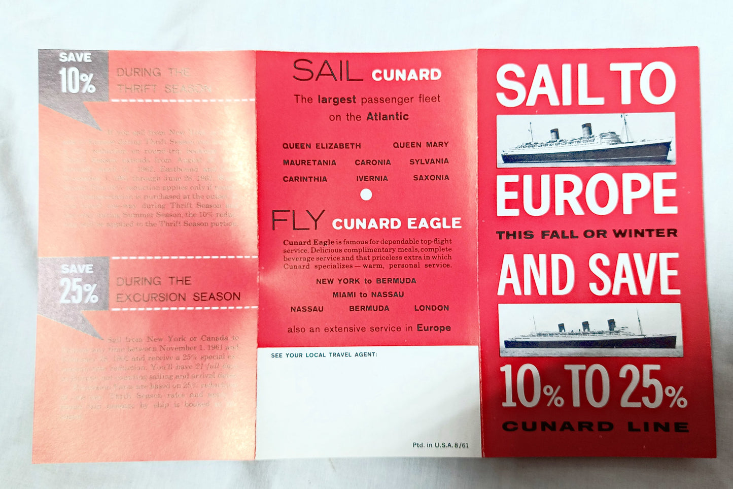 Cunard 1961 Sail To Europe And Save Brochure Queen Mary Queen Elizabeth - TulipStuff