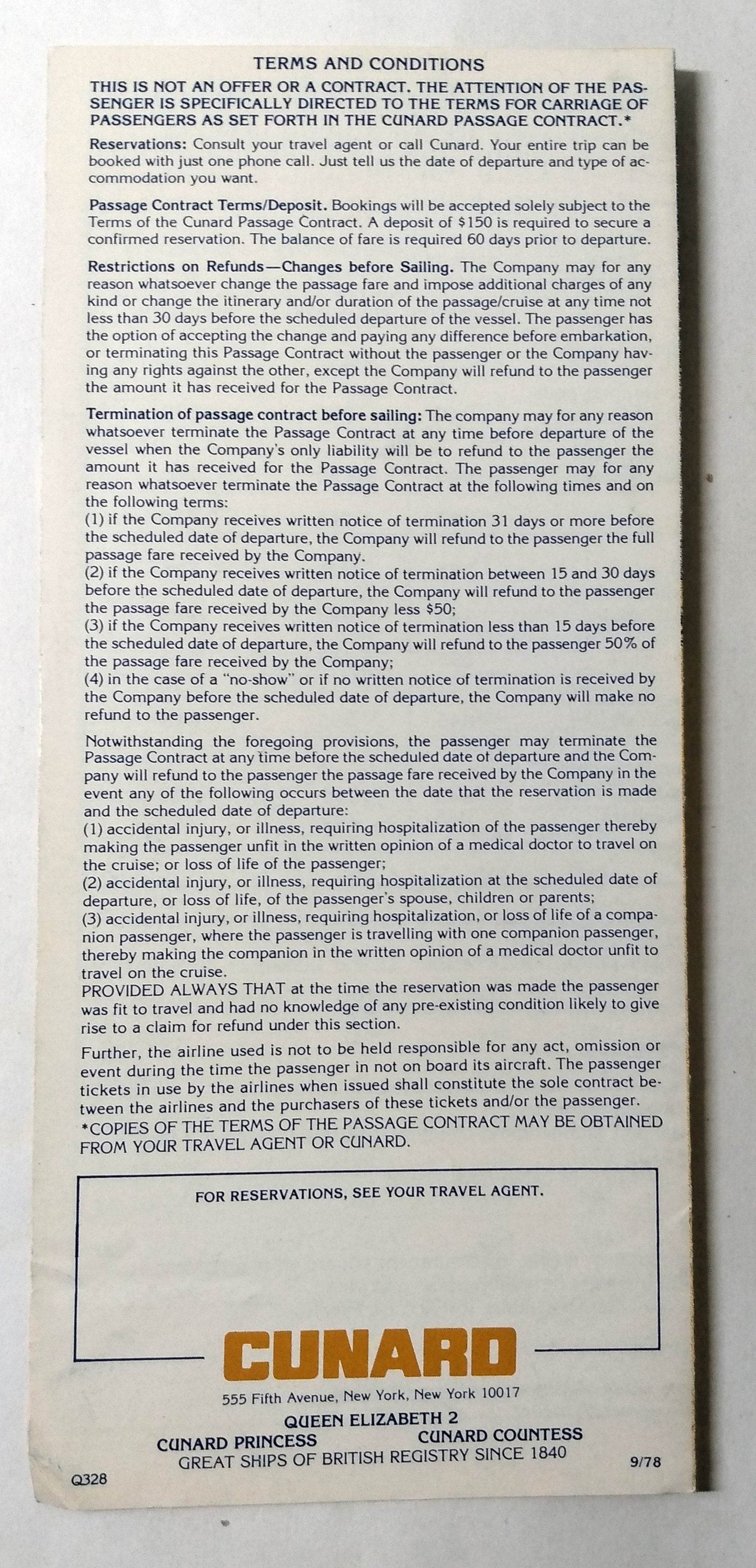 Cunard Countess / Cunard Princess 1979 Caribbean Fly/Cruises Brochure - TulipStuff