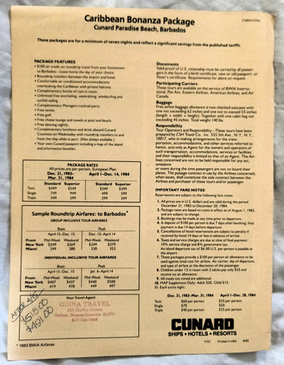Cunard Paradise Beach Hotel Barbados Tour Packages Brochure 1984 - TulipStuff