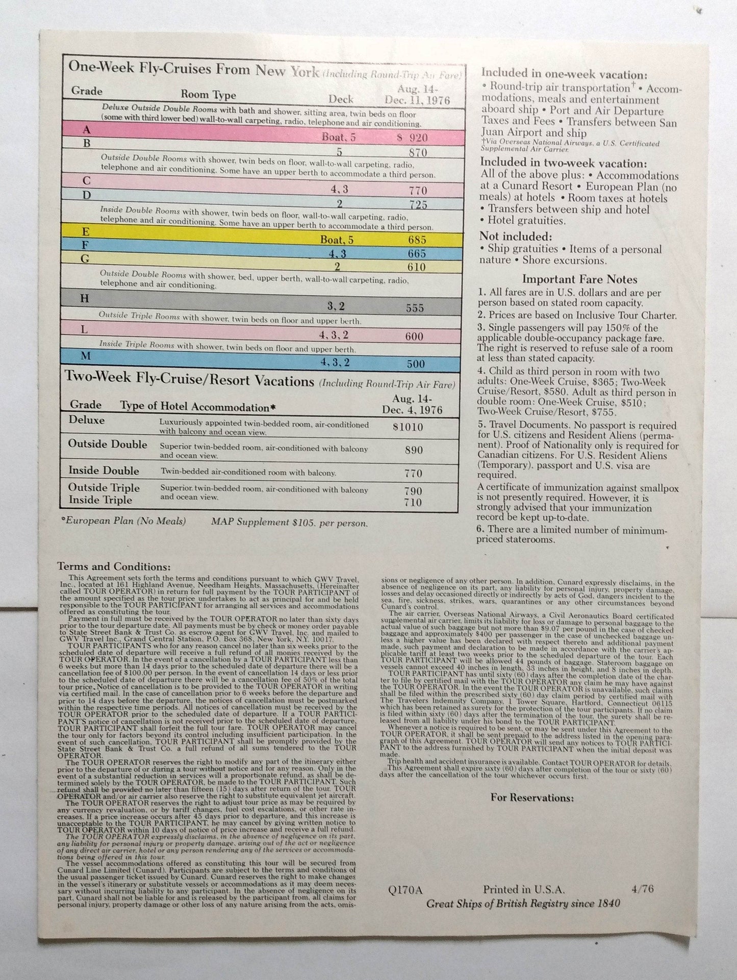 Cunard Countess 1976 Inaugural Cruise Season Fly/Cruises from New York Brochure - TulipStuff