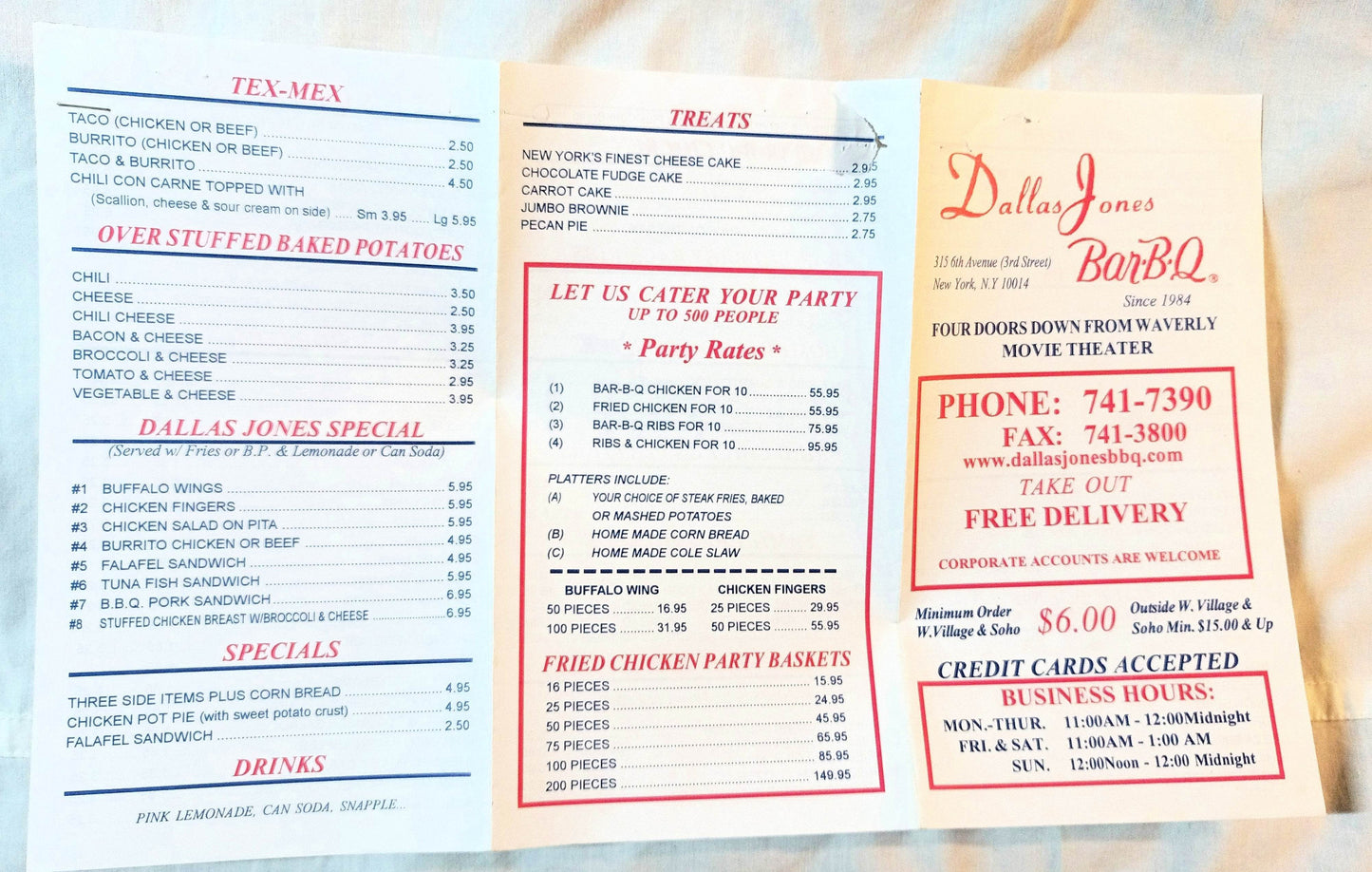 Dallas Jones Bar-B-Q Restaurant Take Out Menu 315 6th Ave NYC 2000 - TulipStuff