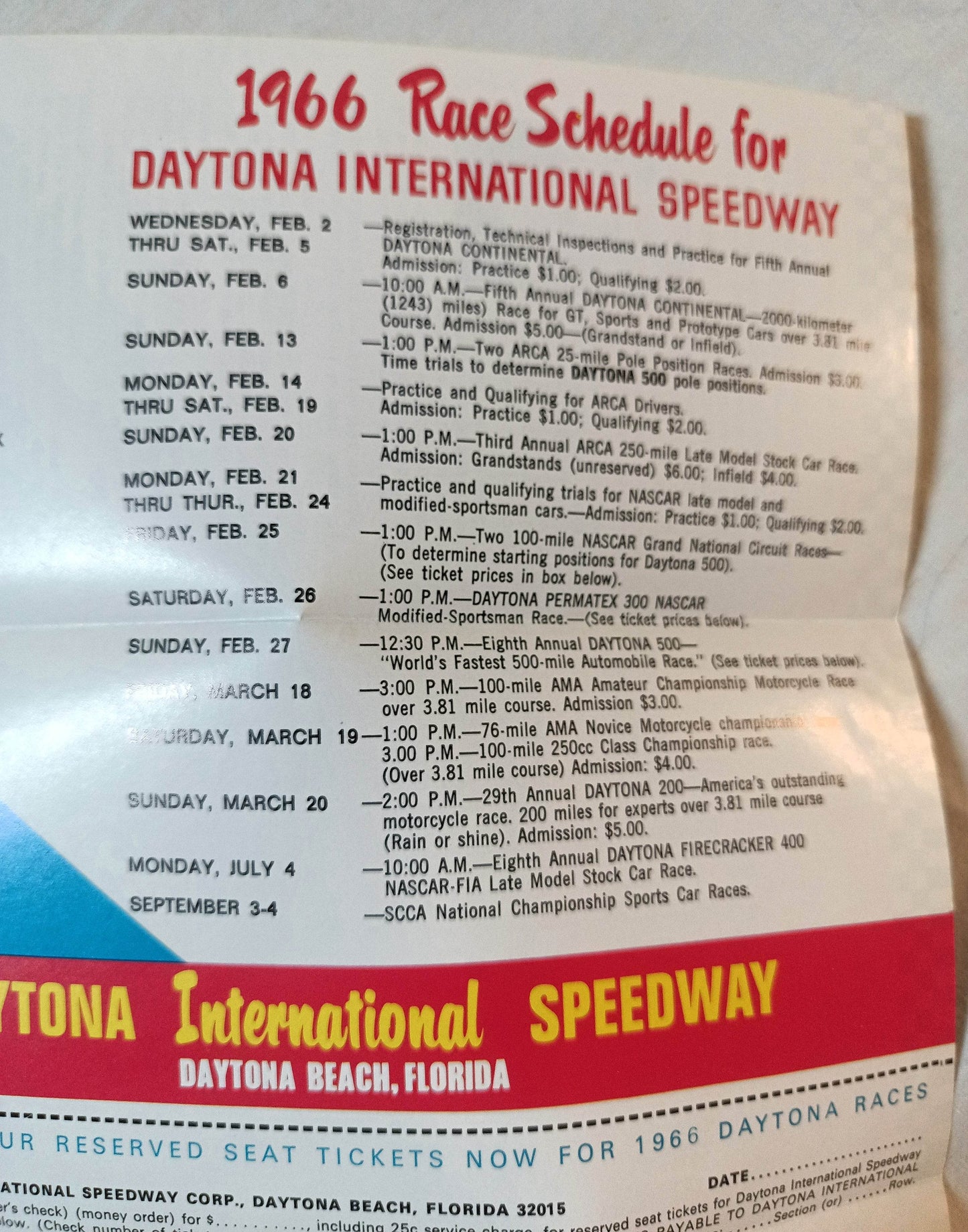 Daytona 500 1966 Schedule Of Events And Order Blank Brochure - TulipStuff