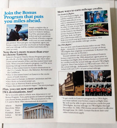 Eastern Airlines 1984 Frequent Traveler Bonus Program Brochure - TulipStuff