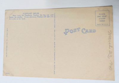 Elephant House In Zoological Park Detroit Michigan Linen Postcard 1940's - TulipStuff