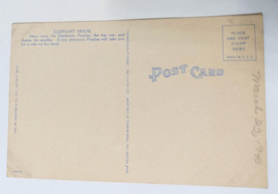 Elephant House In Zoological Park Detroit Michigan Linen Postcard 1940's - TulipStuff