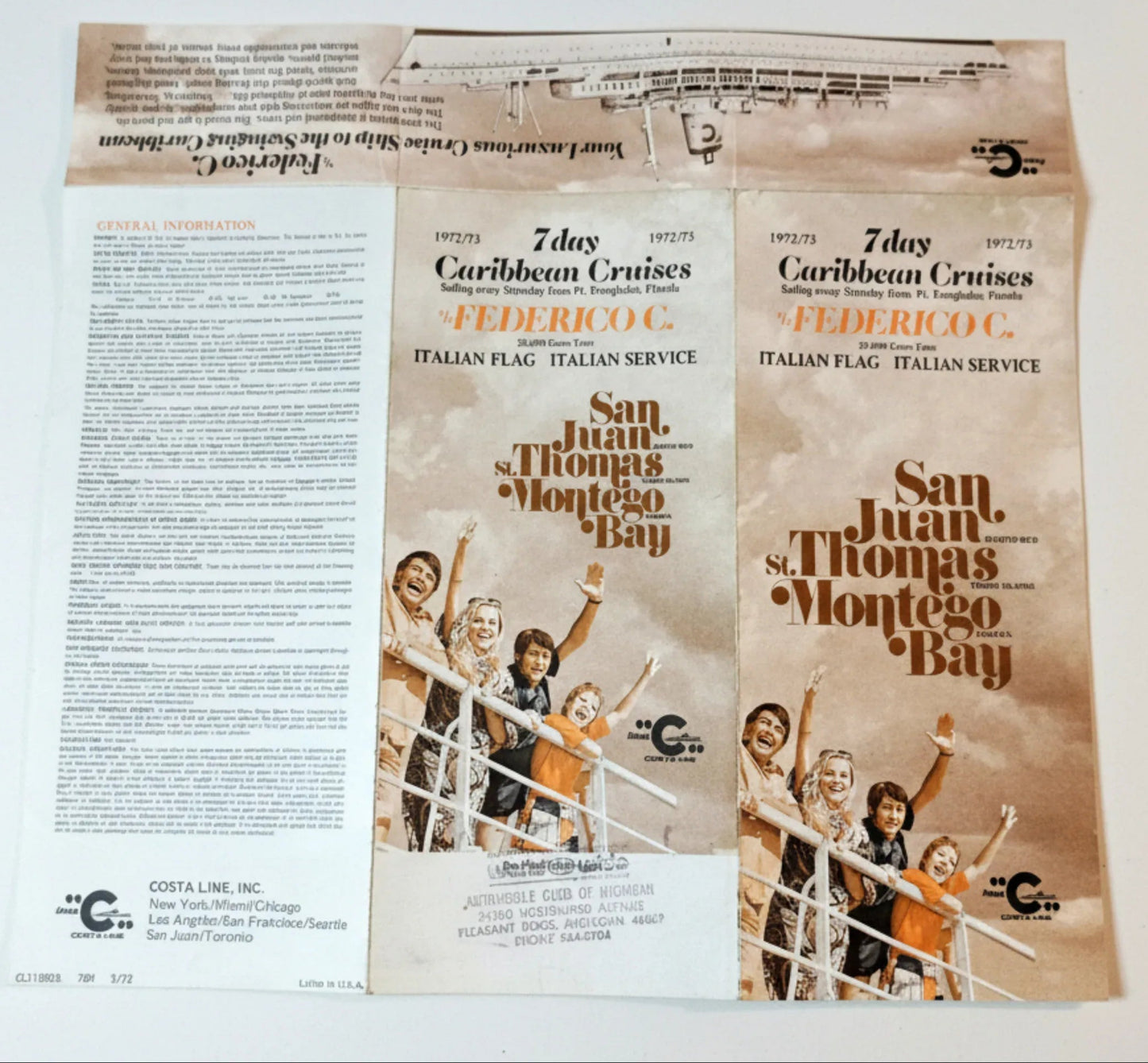 Costa Line Federico C 1972-73 7-Day Caribbean Cruises Brochure - TulipStuff