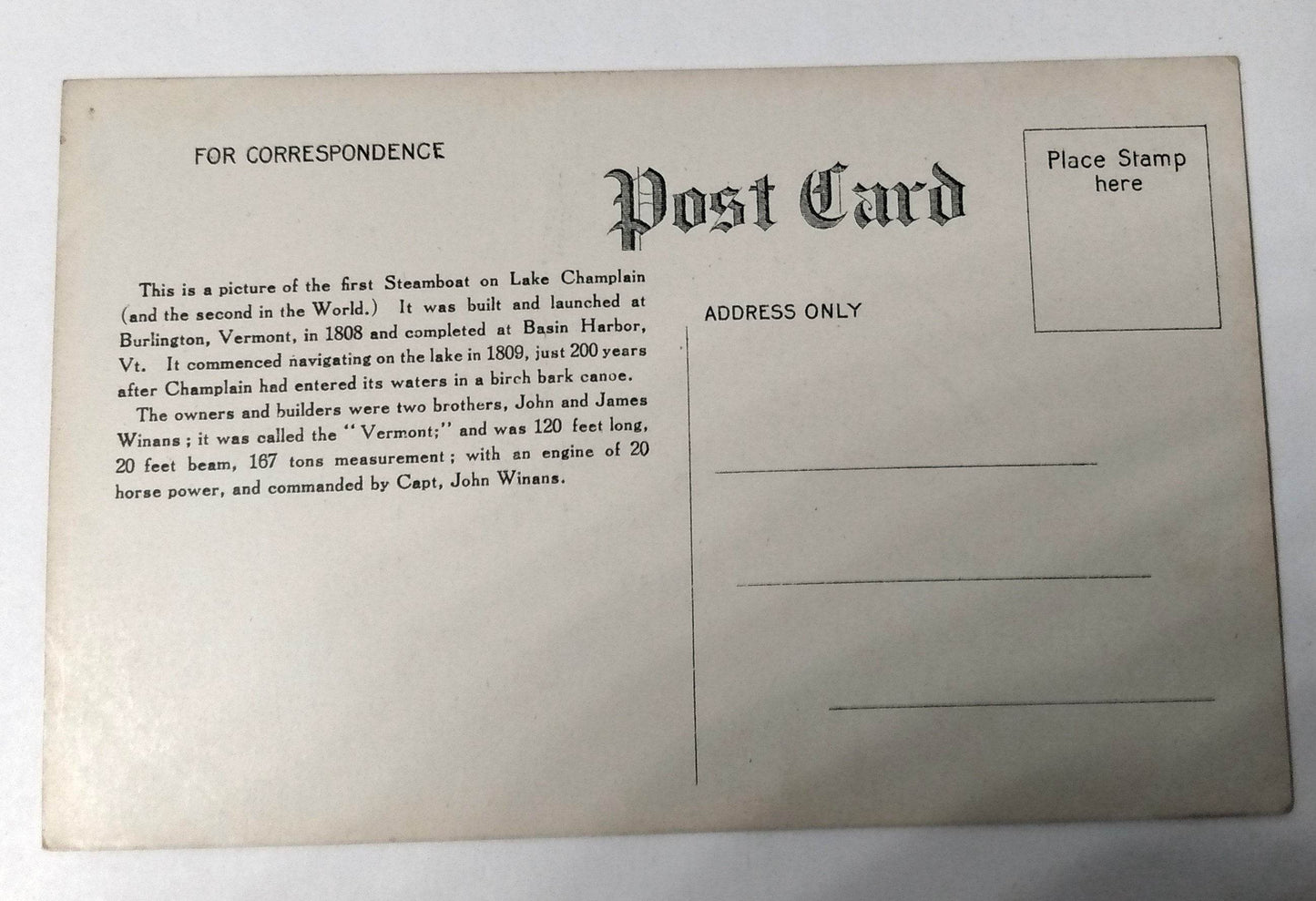 Vermont I - First Steamboat On Lake Champlain 1910's Postcard - TulipStuff