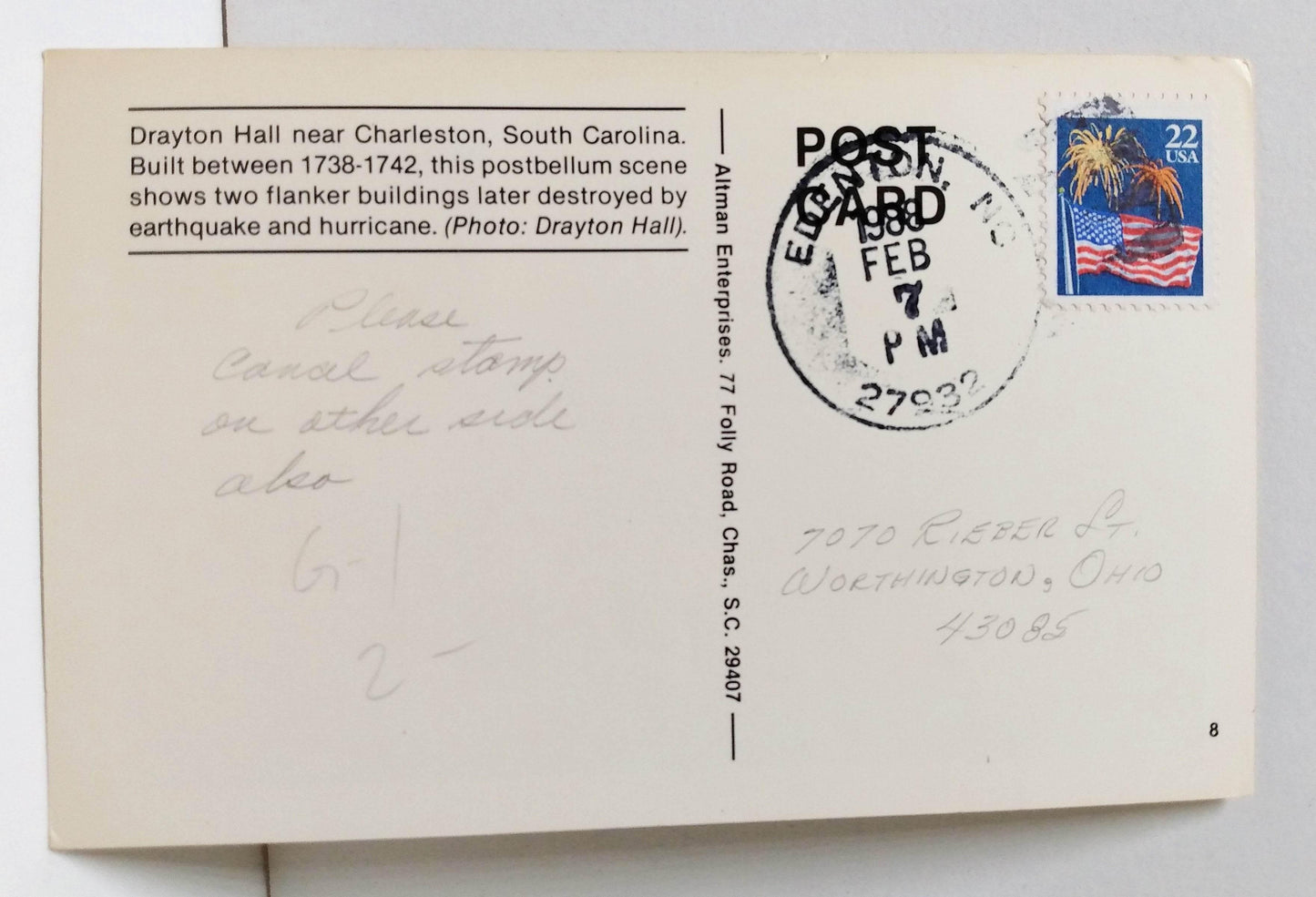 Drayton Hall Fort Sumter 1861-1961 Civil War Centennial Stamp Postcard - TulipStuff